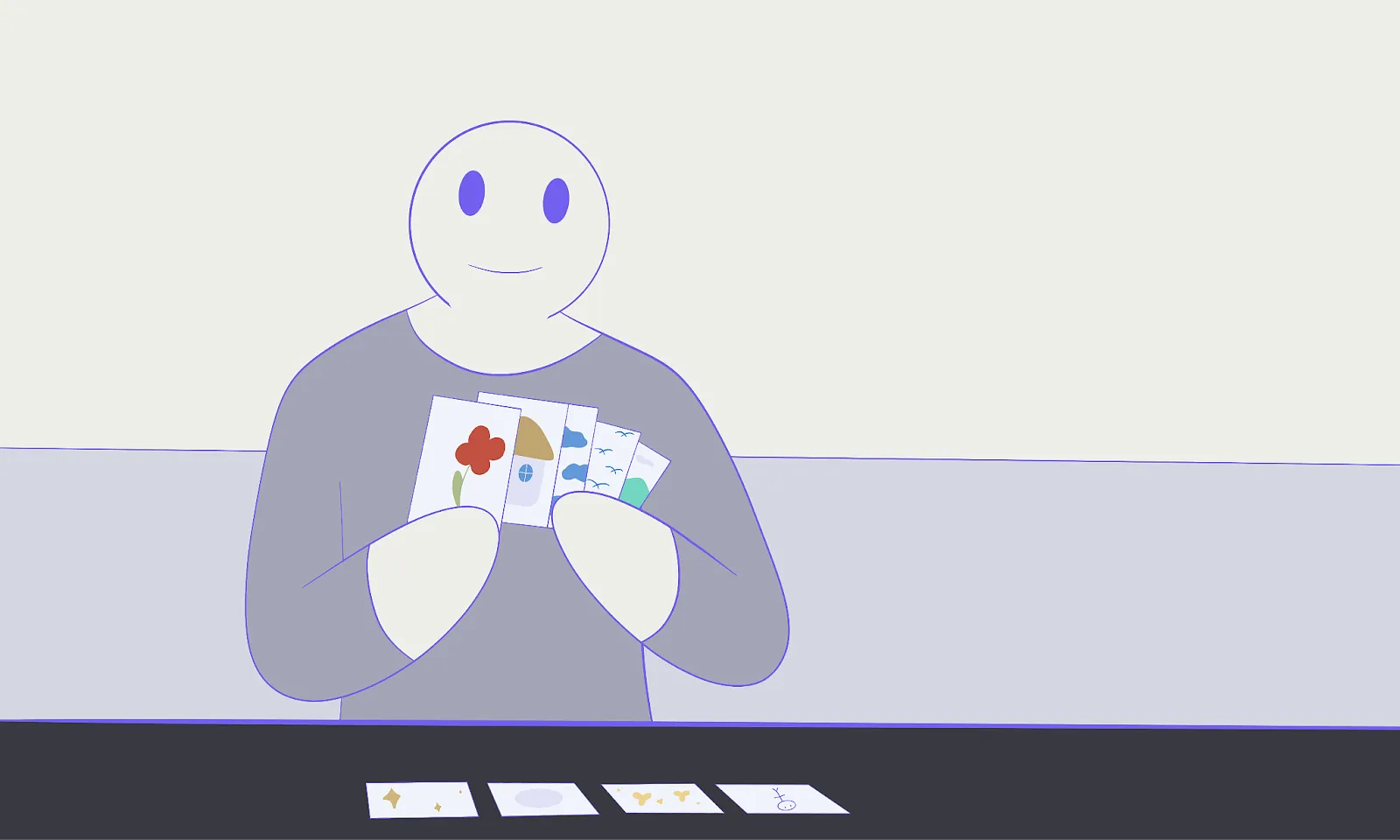 Alt; A cartoon stick figure character sitting on the table inspecting pictures