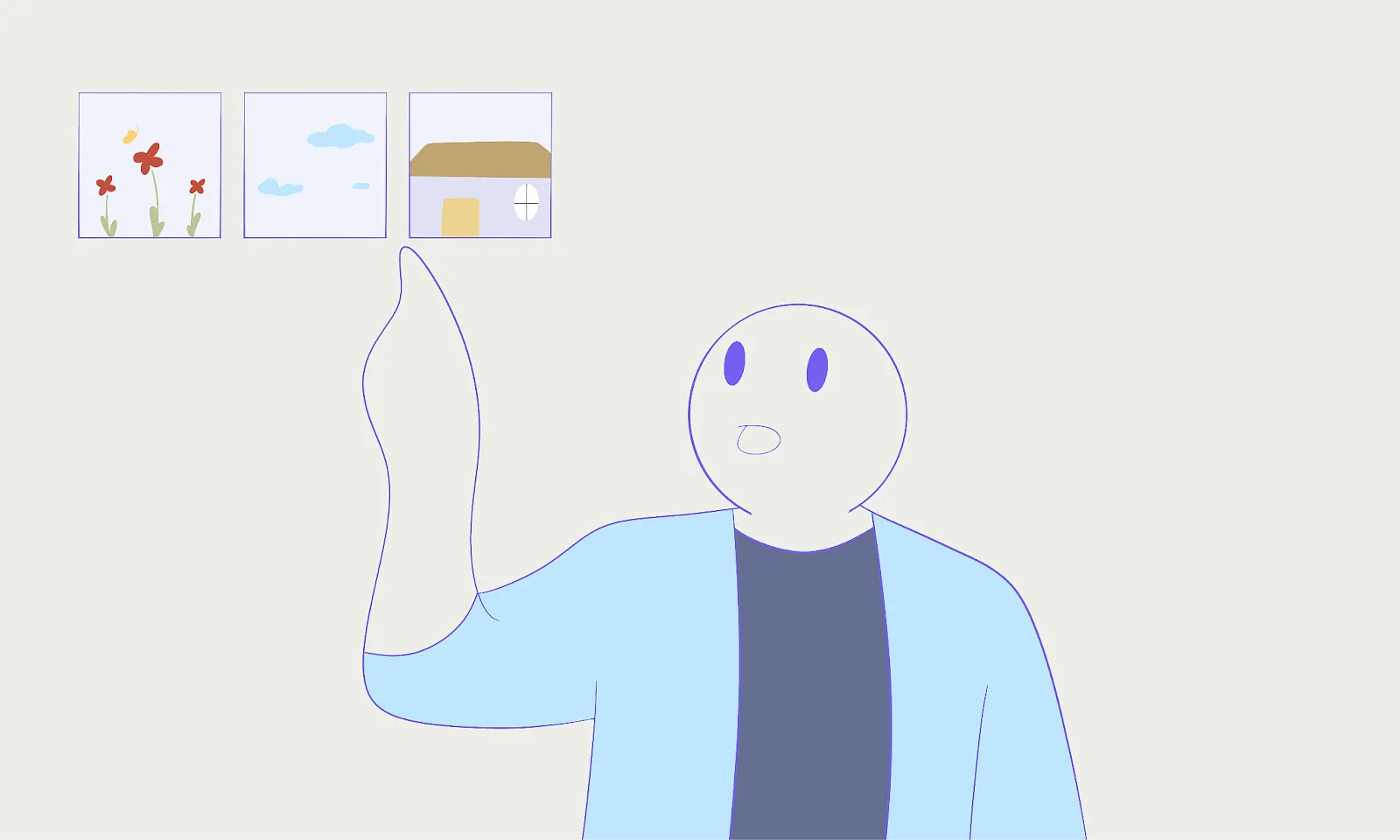 Alt; A cartoon stick figure character pointing up choosing an image