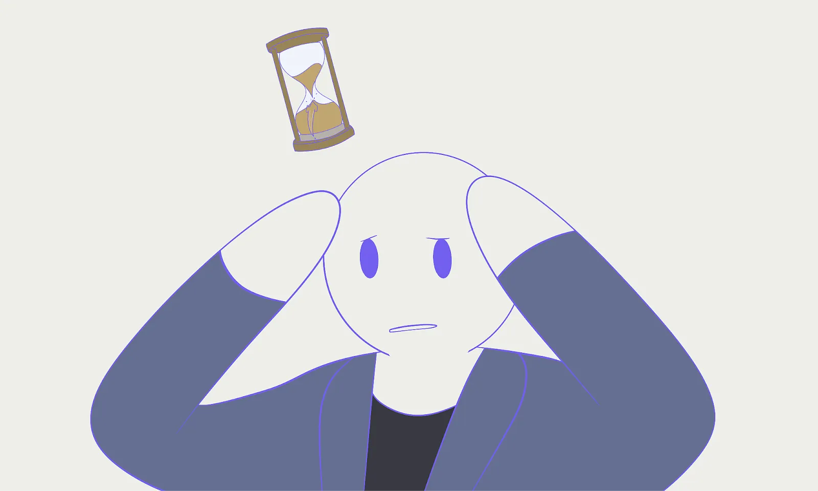 Alt; A cartoon stifck figure character got time sand fallen off his head