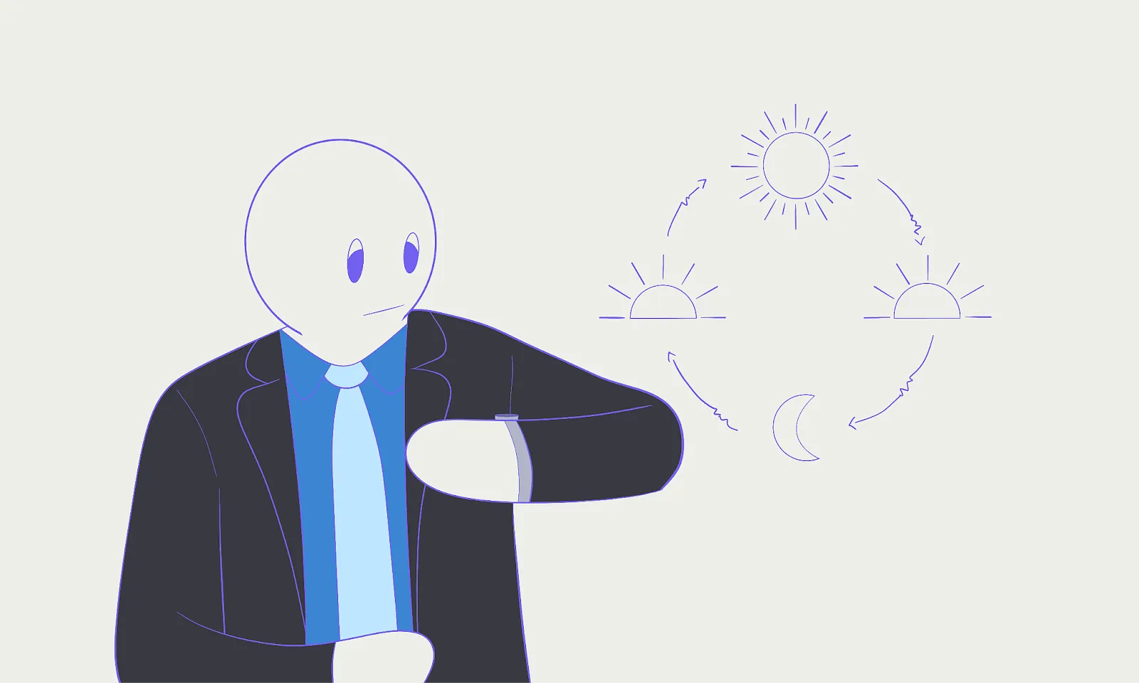 Alt; A cartoon stick figure character in business suit looking at a watch