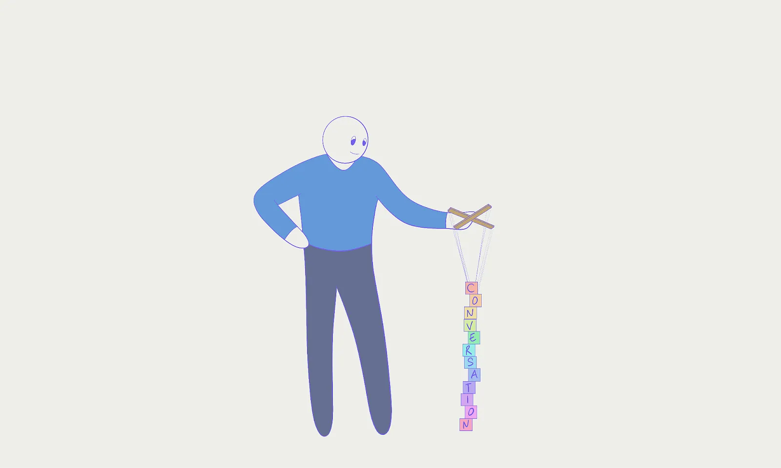 Alt; A stick figure cartoon character playing block of marionette with word conversation on it