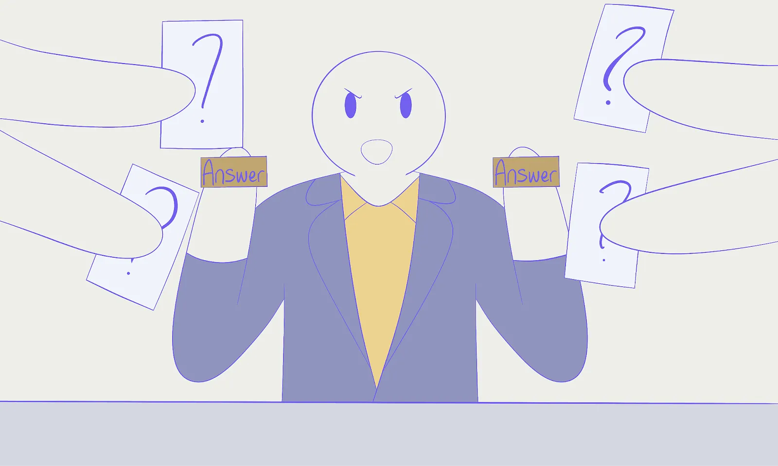 Alt; A stick figure cartoon character having a hard time stamping answer into papers of questions