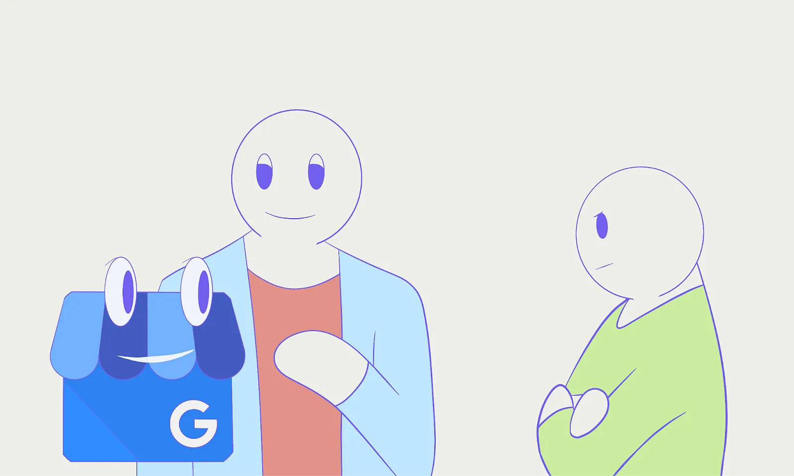Alt; A cartoon character introducing his Google Business Prodile to User