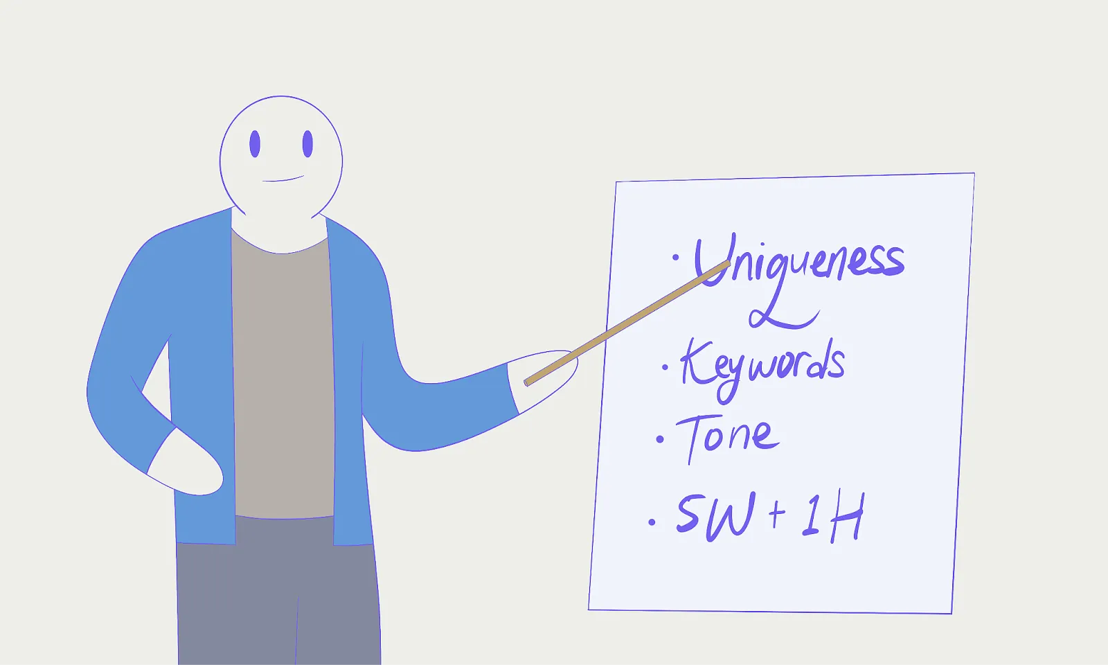 Alt; A cartoon character presenting a list and tapping a stick into the board