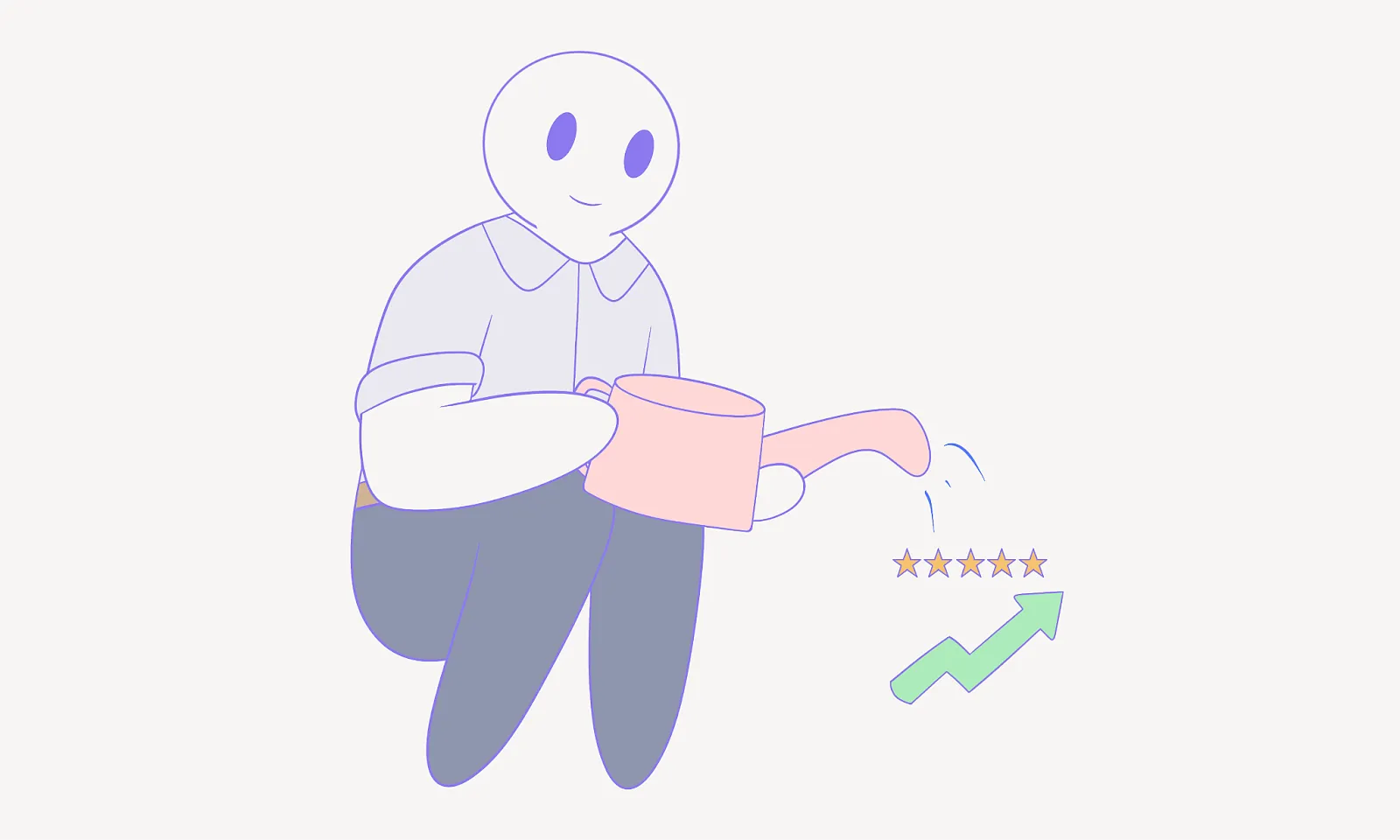 Alt; A stick figure cartoon character squatting down with a watering can and pouring water into a graphic