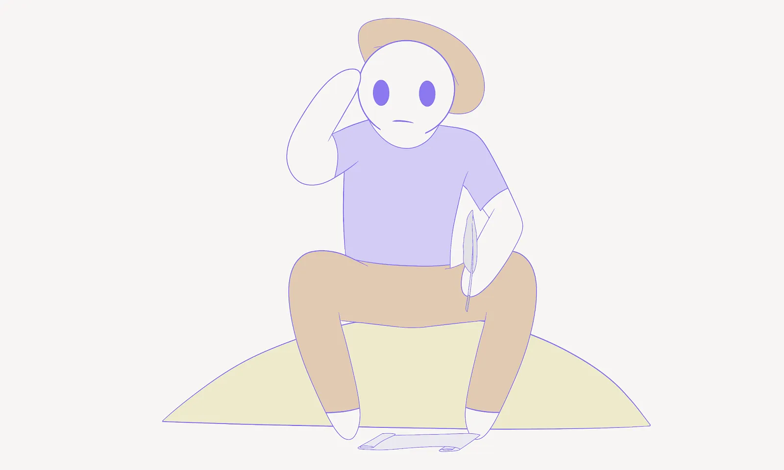 Alt; A cartoon stick figure character squatting down while thinking how to write a letter